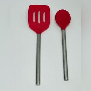 Tovolo Silicone Slotted Turner Spatula & Spoon Stainless Steel Handle Red Set